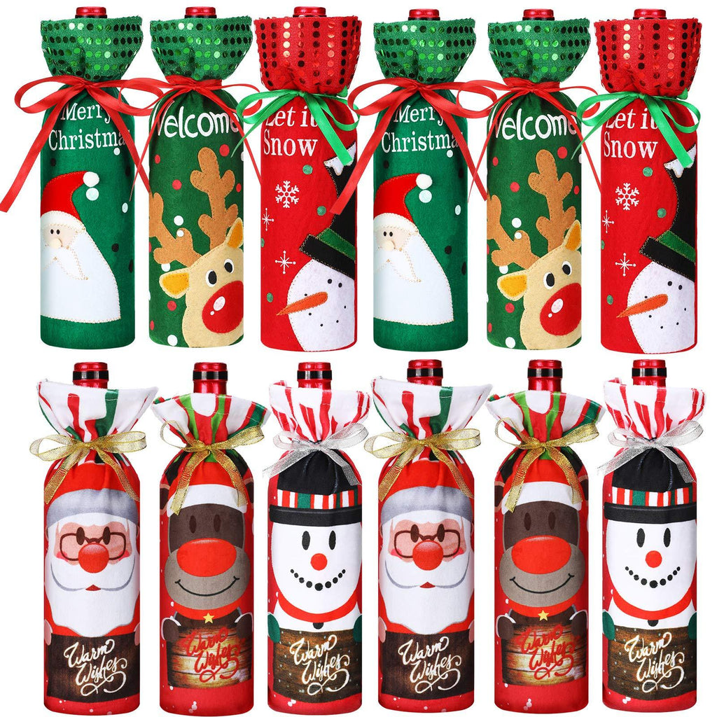  [AUSTRALIA] - 12 Pieces Christmas Wine Bottle Bags Wine Bottle Sweater Dress Christmas Wine Sleeve Burlap Santa Claus Bottle Covers Reindeer Drawstring Bottle Bags for Christmas Dining Table Decorations