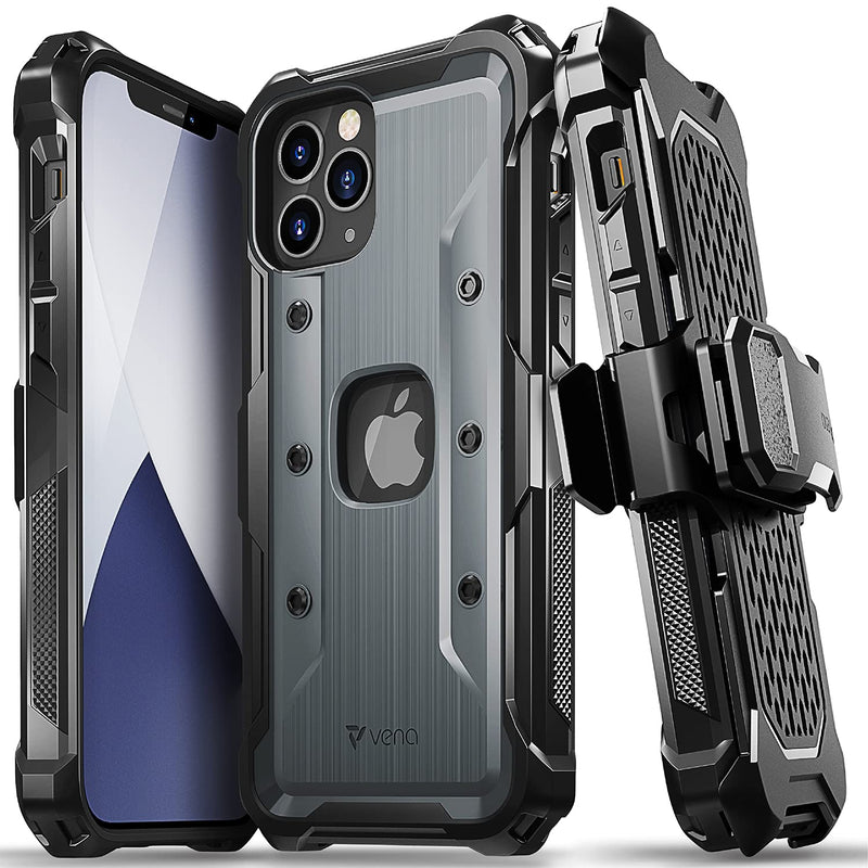  [AUSTRALIA] - Vena vArmor Rugged Case Compatible with Apple iPhone 12 Pro Max (6.7"-inch), (Military Grade Drop Protection) Heavy Duty Holster Belt Clip Cover with Kickstand - Space Gray