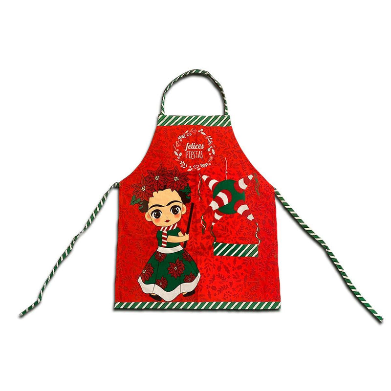  [AUSTRALIA] - Christmas Waterproof Apron/Mandil Friducha Frida Kahlo with Traditional piñata Mexican Artist Cartoon Character 58cmx68cm 100% Cotton Includes Helpful Pocket.