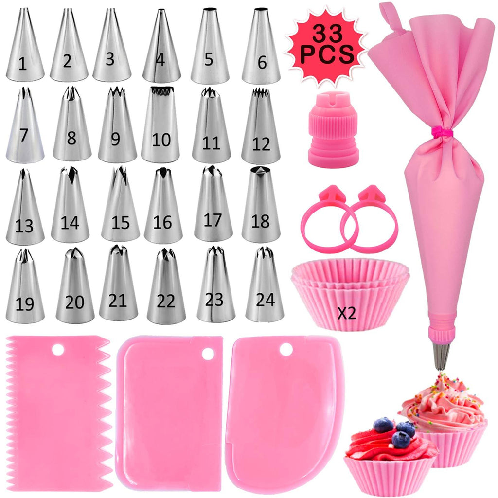  [AUSTRALIA] - 33PCS Piping Bags and Tips Set, With 24 Piping Icing Tips, 3 Icing Smoothers, 1 Reusable Silicone Pastry Bags & 2 Silicone Baking Cups, Cake Decorating Tools for Beginners