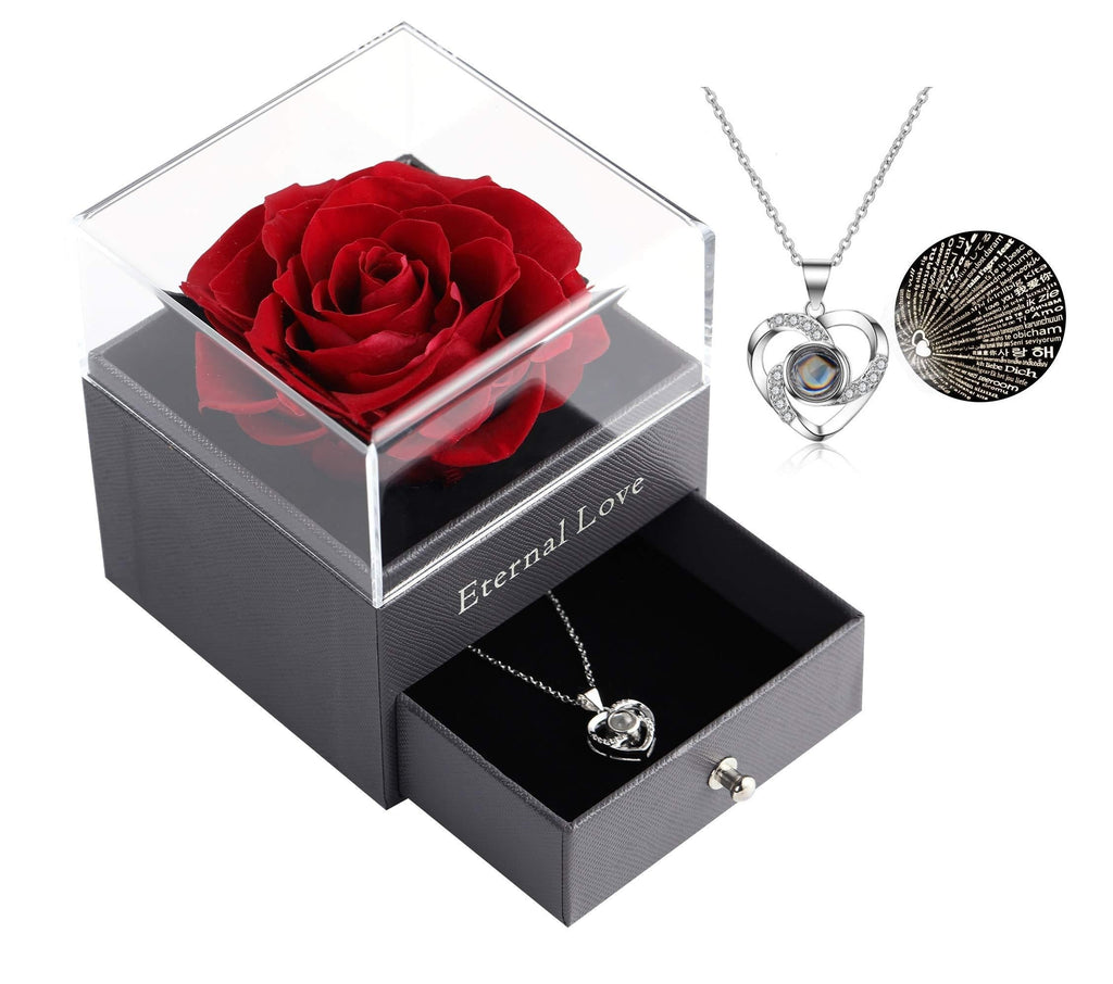  [AUSTRALIA] - Preserved Real Rose with Silver-Tone Heart Necklace I Love You in 100 Languages Gift Set, Enchanted Real Rose Flower for Valentine's Day Anniversary Wedding Romantic Gifts for her (Red Rose) Red Rose