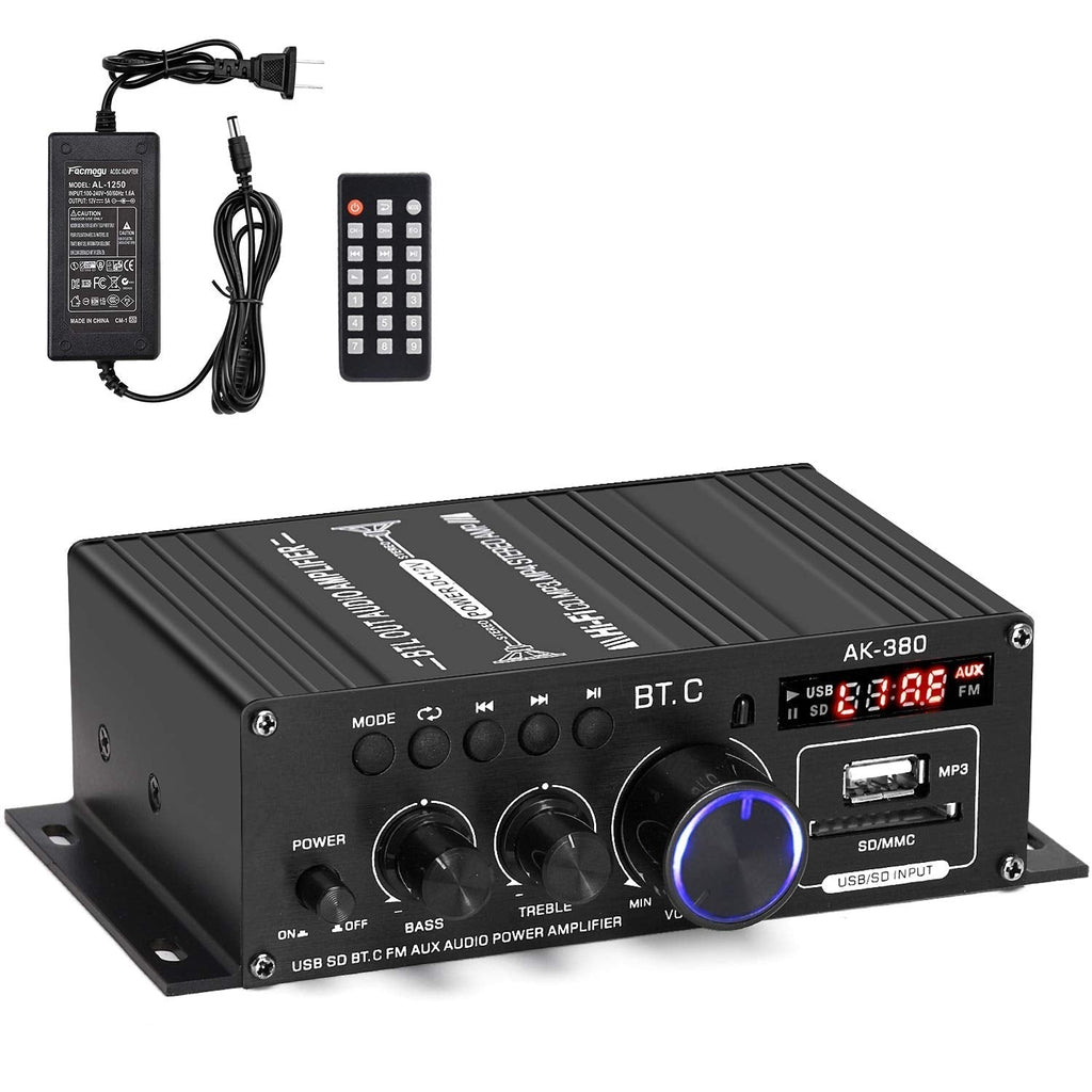  [AUSTRALIA] - Facmogu AK380 400W+400W Mini Audio Power Amplifier, 2.0 CH Bluetooth 5.0 Receiver Speaker Amp with 12V 5A Power Supply, Bass & Treble Control Music Player Sound Amplifier for Car Home Garage AK380 (RMS 40W+40W, w/BT)