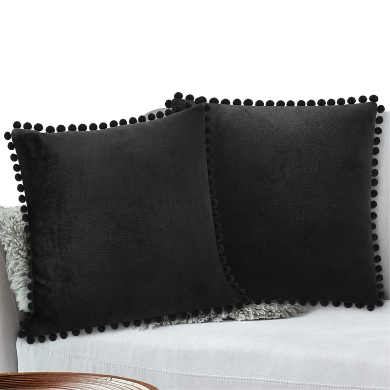  [AUSTRALIA] - PAVILIA Fleece Throw Pillow Cover with Pom Pom Fringe, Set of 2 | Soft Decorative Tassel Solid Cushion Covers for Sofa Couch Bed Living Room 18 x 18 Inches, Solid Black 18''x18''