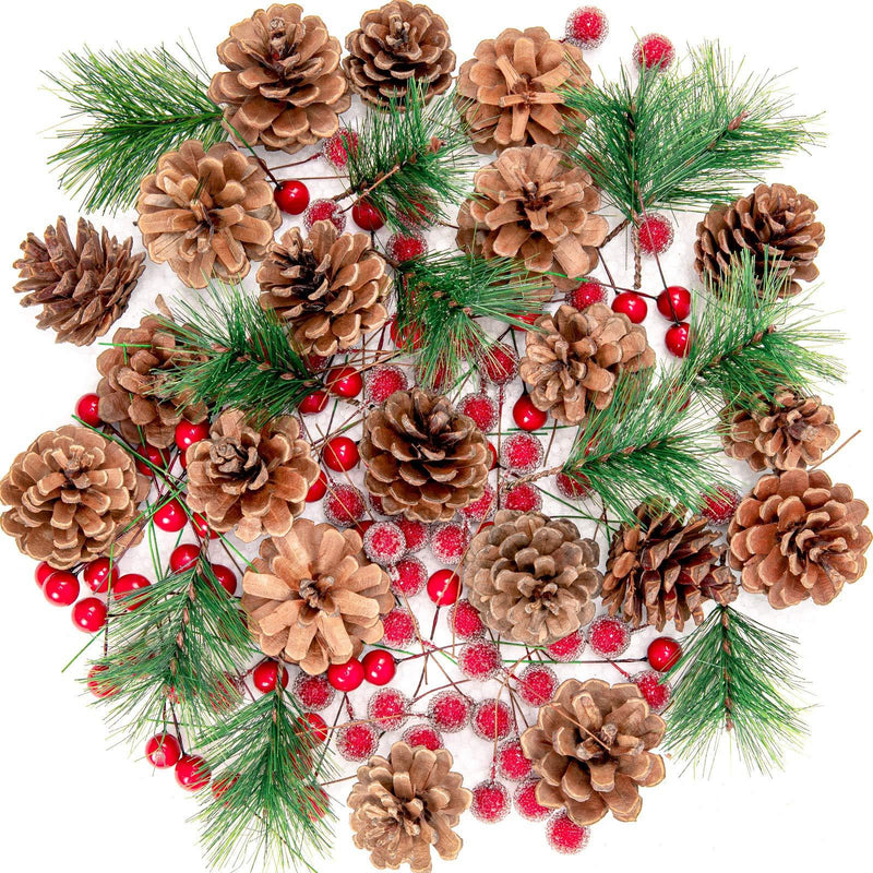  [AUSTRALIA] - Whaline Christmas Wreath Making Decoration Artificial Pine Cone Berry Set Red Holly Berries Natural Pinecones Branches for Xmas Tree Ornament Home Fall Winter Christmas Party DIY Crafts, 130Pcs