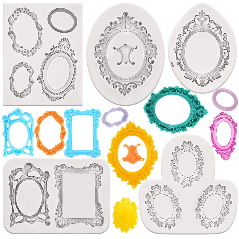  [AUSTRALIA] - 5 Pieces Mirror Frame Fondant Mold Vintage Victorian Frame Silicone Mold Photo Frame Mold for DIY Cake Topper Sugar Chocolate Cookies Polymer Clay and Crafting Project Decoration