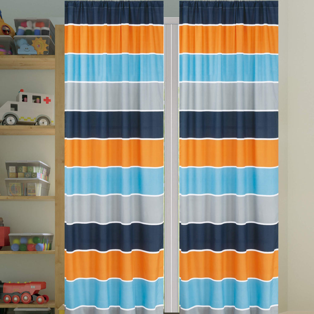  [AUSTRALIA] - LinenTopia Kids Window Curtain Panels, 2 Tiebacks, 84" Length, Rod Pocket, Vibrant Colors, Boys Girls Kids Fun Theme Bedroom Decoration, Striped Multicolor Blue Orange Gray, (Kids Curtain, Stripes) Blue/Orange