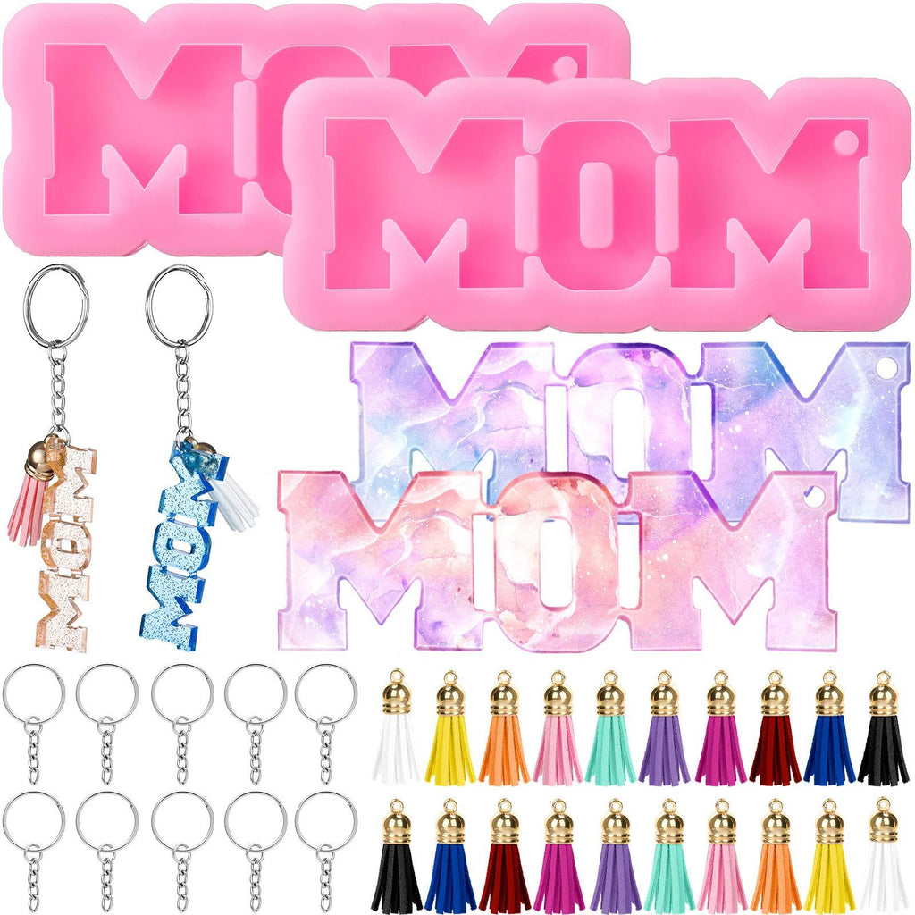  [AUSTRALIA] - Mom Word Christmas Silicone Keychain Mold Set 2 Pieces Mom Chocolate Fondant Mold with Hole 20 Pieces Keychain Rings 20 Pieces Keychain Tassels for Christmas DIY Baking Cake Topper Decor, Pink