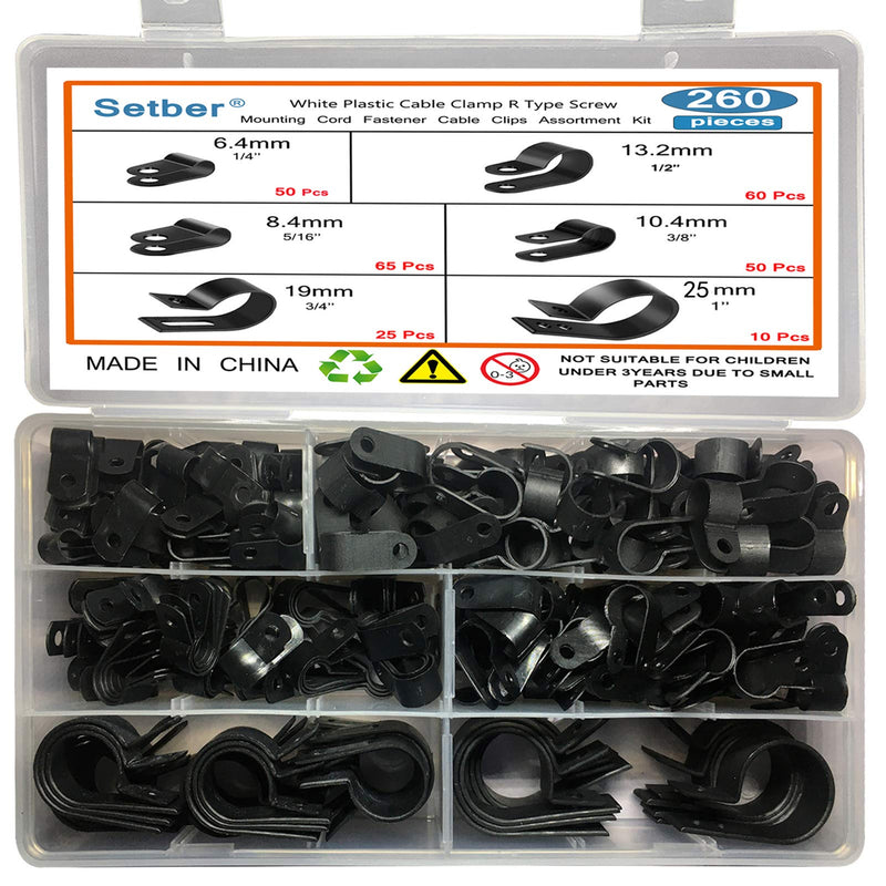  [AUSTRALIA] - Cable Clamps,Setber 260 Pcs Nylon Plastic R-Type Cable Clamps with Screws 1/4" 5/16" 3/8" 1/2" 3/4" 1" Clips Fasteners Assortment for Cable Conduit -6 Size -Black Black