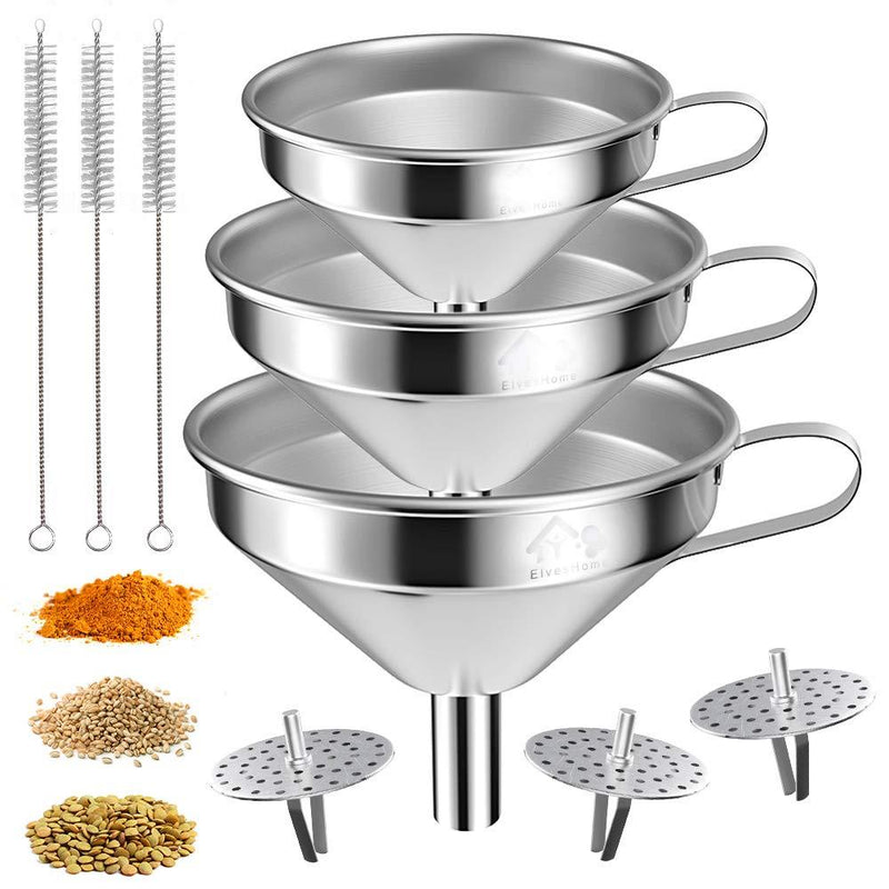 [AUSTRALIA] - Large Funnels 9 Pieces Set Stainless Steel Funnel with 3 Removable Strainer Filter 3 Cleaning Brush Transfer for Kitchen Cooking Liquid Oil Fluid Salt Pepper Spices Perfume Dry Ingredients, Food Grade