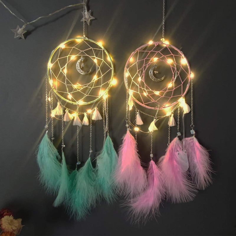  [AUSTRALIA] - Dream Catcher with LED Lights Handmade Feather Moon Dreamcatcher Wall Hanging Ornament Home Decor for Kids Children Girls Adults Bedroom Birthday Gift (Pink+Mint Green) Pink+mint Green