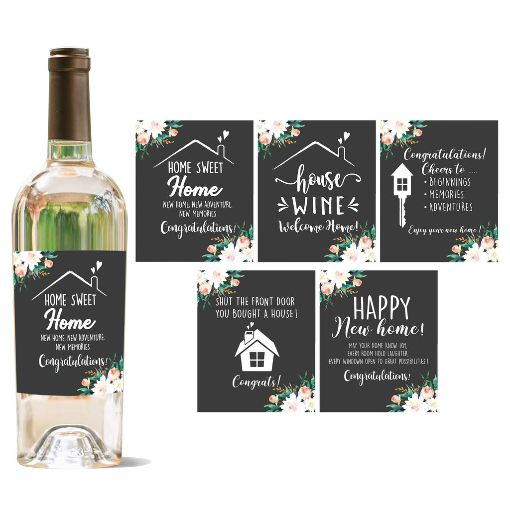  [AUSTRALIA] - YouFangworkshop First New Home House Homeowner Wine Bottle Labels Gifts, Housewarming Milestones Sticker, Set of 5 Waterproof Wine Bottle Sticker Covers for Congrats Home Sweet Home Party Presents