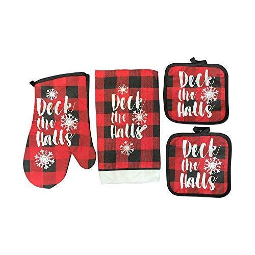  [AUSTRALIA] - Greenbrier Deck The Halls Buffalo Plaid in Red & Black 5 Piece Kitchen Linen Set : Includes (1) Oven Mitt, (2) Pot Holders, and (2) Towels