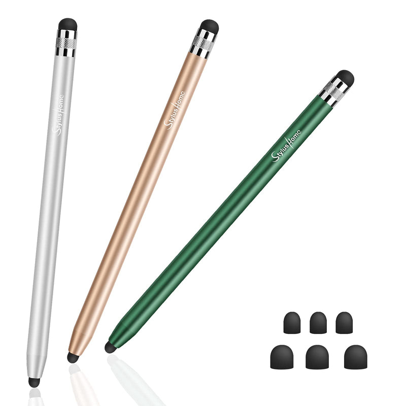 StylusHome Stylus Pens for Touch Screens (3 Pcs), Sensitivity Capacitive Stylus 2 in 1 Touch Screen Pen with 6 Extra Replaceable Tips for iPad iPhone Tablets Samsung Galaxy All Universal Touch Devices 3（Green, Gold, Silver） - LeoForward Australia