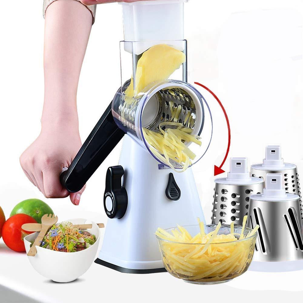  [AUSTRALIA] - Rotary cheese grater, manual multi-function cutter, with 3 stainless steel blades, grater, very suitable for potato grater, vegetable slicer, cheese grinder (white) White