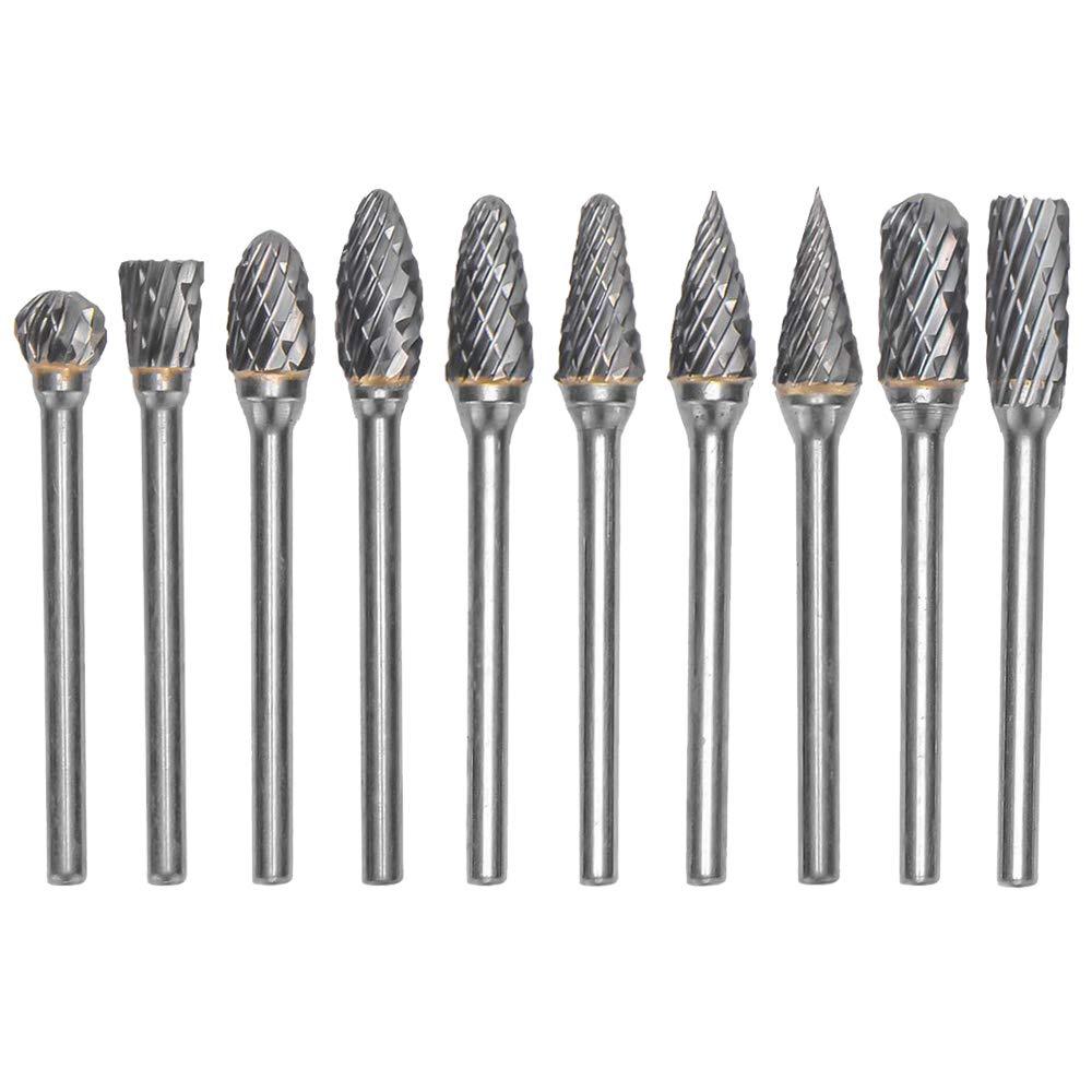 Mesee 10Pcs Double Cut Carbide Rotary Burr Set, Tungsten Steel Files Burrs for Grinder Drill, Woodworking, Drilling, Metal Carving, Engraving, Polishing | 3mm (1/8 Inch) Shank and 6mm (1/4 Inch) Head - LeoForward Australia