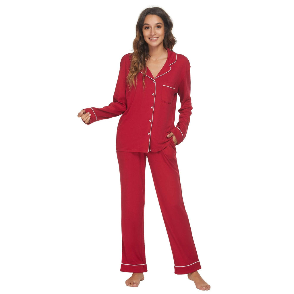 HEARTNICE Button up Pajama Set for Women, Long Sleeve Pajamas Lightweight Pjs Set Soft Sleepwear Burgundy-b Small - LeoForward Australia