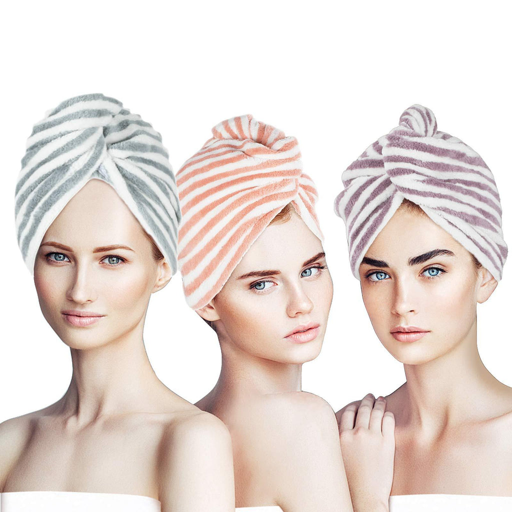  [AUSTRALIA] - 3 Pack Microfiber Hair Towel Wrap for Women, Super Absorbent Bath Hair Dry Turban with Buttons- Quick Drying & Anti Frizz Shower Dry Hat for Curly, Long & Thick Hair
