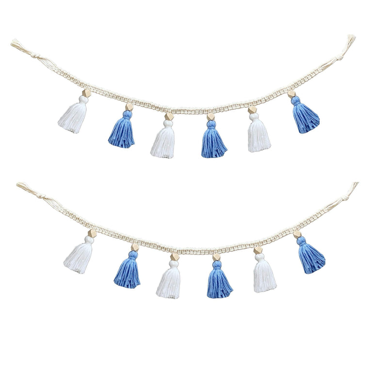  [AUSTRALIA] - ZOONAI 2 Pack Macrame Cotton Tassel Garland Banner with Beads Wall Decor Woven Home Decoration for Bedroom Nursery Baby Kids Room Blue White