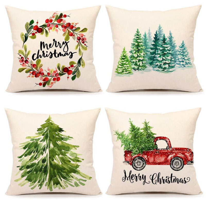  [AUSTRALIA] - 4TH Emotion Christmas Pillow Covers 16x16 Set of 4 Farmhouse Christmas Decor Xmas Rustic Decorations for Home Winter Holiday Truck Tree Throw Pillows Cushion Case for Sofa Couch Cotton Linen S202 16 X 16 inches Christmas, Set of 4