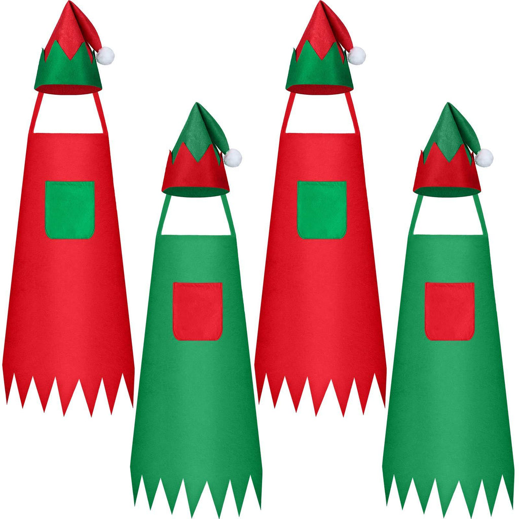  [AUSTRALIA] - 8 Pieces Christmas Elf Apron and Hat Set, Including 4 Pieces Christmas Elf Fabric Apron and 4 Pieces Elf Hat, Santa Claus Apron Christmas Santa Hat for Xmas Party Costume Supplies Kitchen, Painting