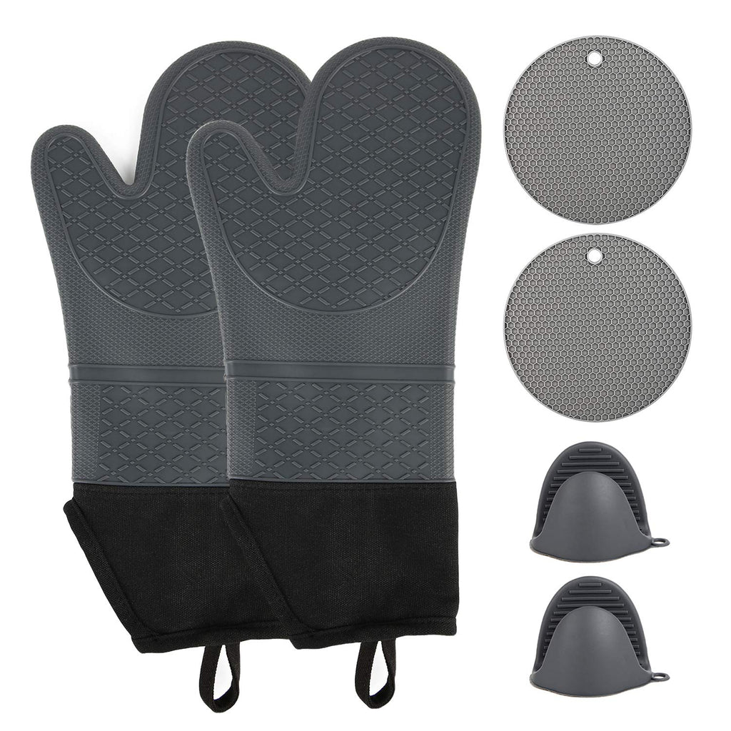  [AUSTRALIA] - wellvo 6 Pack Extra Long Oven Mitts and Pot Holders Set 500℉ Heat Resistant Food Grade Silicone Non-Slip Gloves Potholders Pads for Cooking Baking BBQ(Grey) Grey