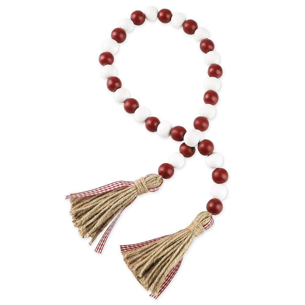  [AUSTRALIA] - Christmas Wood Bead Garland with Tassels, Rustic Farmhouse Tiered Tray Holiday Decorations, Red and White Wooden Bead with Jute Rope Plaid Tassel, Natural Country Xmas Home Decor (Berry Red & White) Berry Red & White