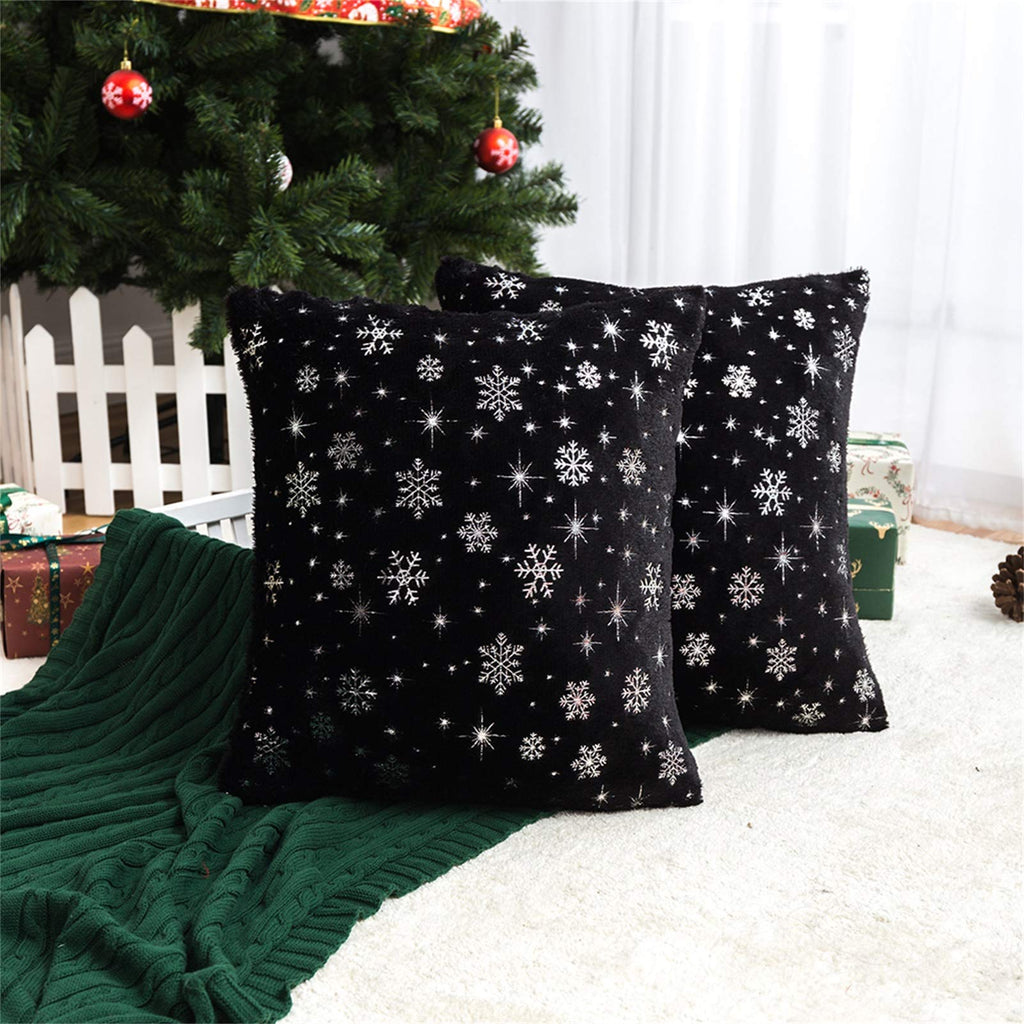 [AUSTRALIA] - AQOTHES Soft Faux Fur Fuzzy Cute Decorative Throw Pillows Covers with Snowflake Glitter Printed Pillowcases for Christmas Decor Home Bed Room Sofa Chair Couch, Black, 18x18 inch, 2 Pack
