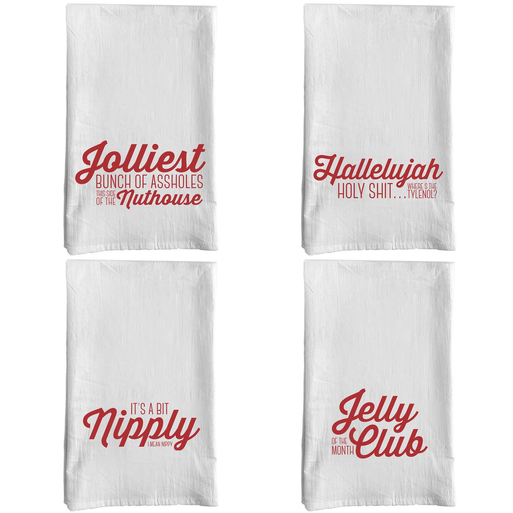  [AUSTRALIA] - RubiaRojo Christmas Kitchen Towels - Set of 4 Holiday Flour Sack Dishcloths – Jolliest Bunch of A-Holes, Jelly of The Month Club, It’s a Bit Nipply and Hallelujah Holy Sht – White Cotton Hand Towels