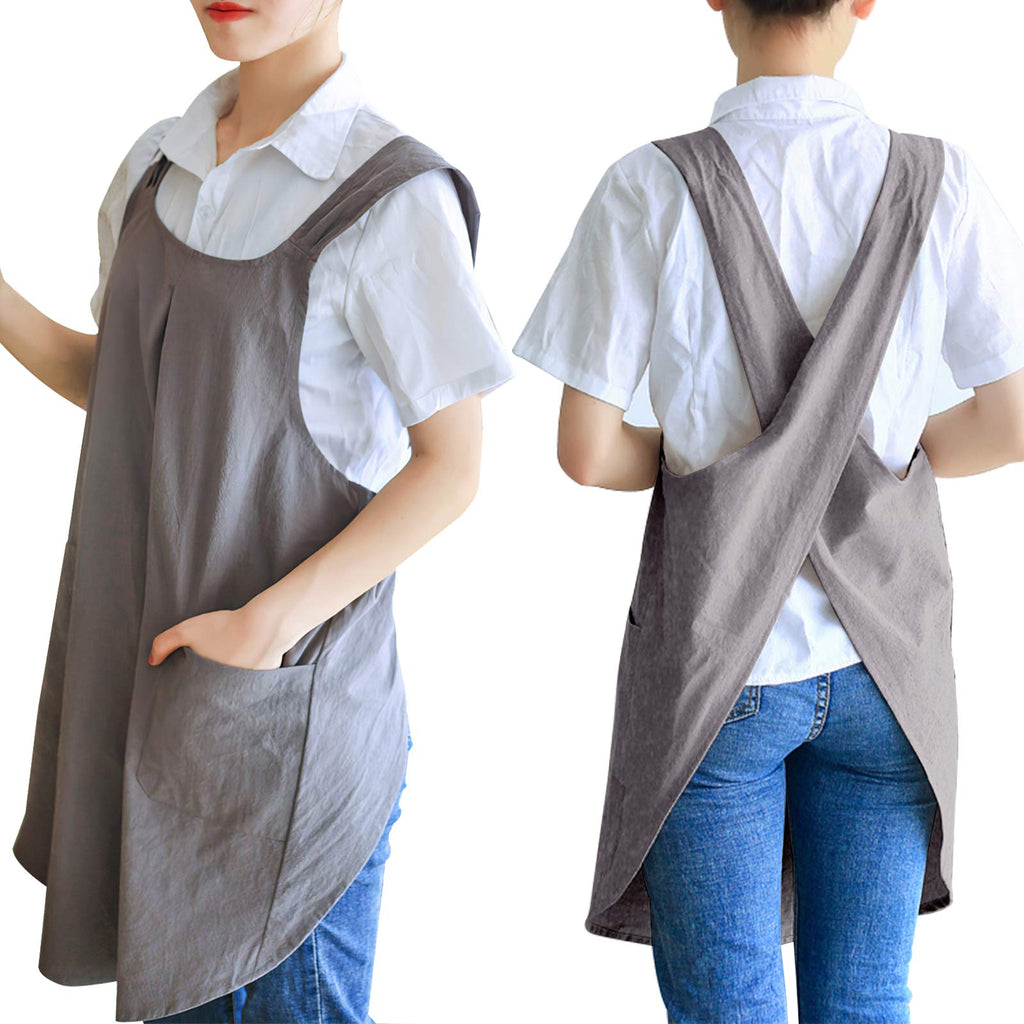  [AUSTRALIA] - Zakicol Women’s Cross Back Apron Baking Gardening Cleaning Works Cotton/Linen Blend Apron with 2 Pockets (Grey) Grey