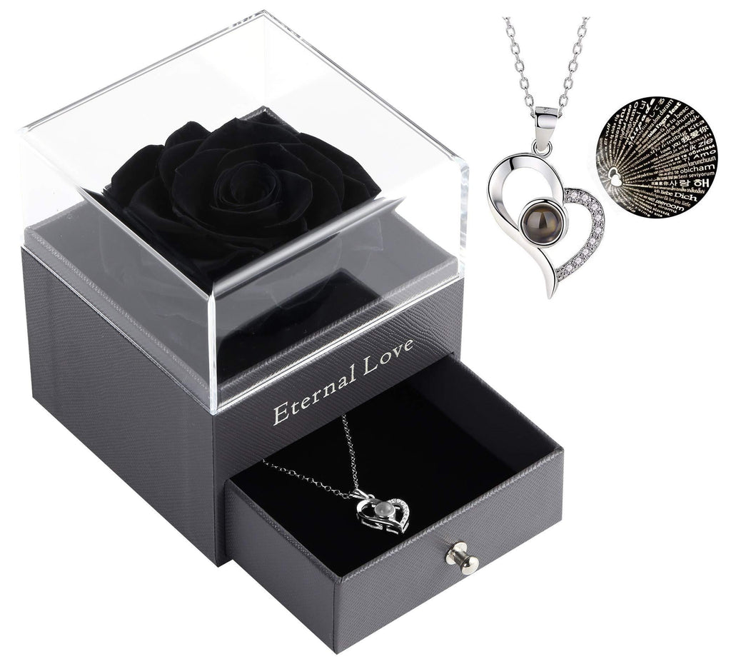  [AUSTRALIA] - Ocosy Preserved Real Rose Drawer with I Love You Necklace 100 Languages Gift Set, Enchanted Real Rose Flower for Valentine's Day Anniversary Wedding Romantic Gifts for her (Black) Black