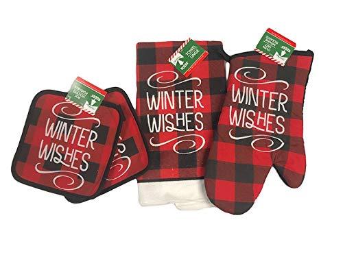  [AUSTRALIA] - GBI Christmas House Red and Black Buffalo Plaid Kitchen Linens - Winter Wishes (Set of 4)
