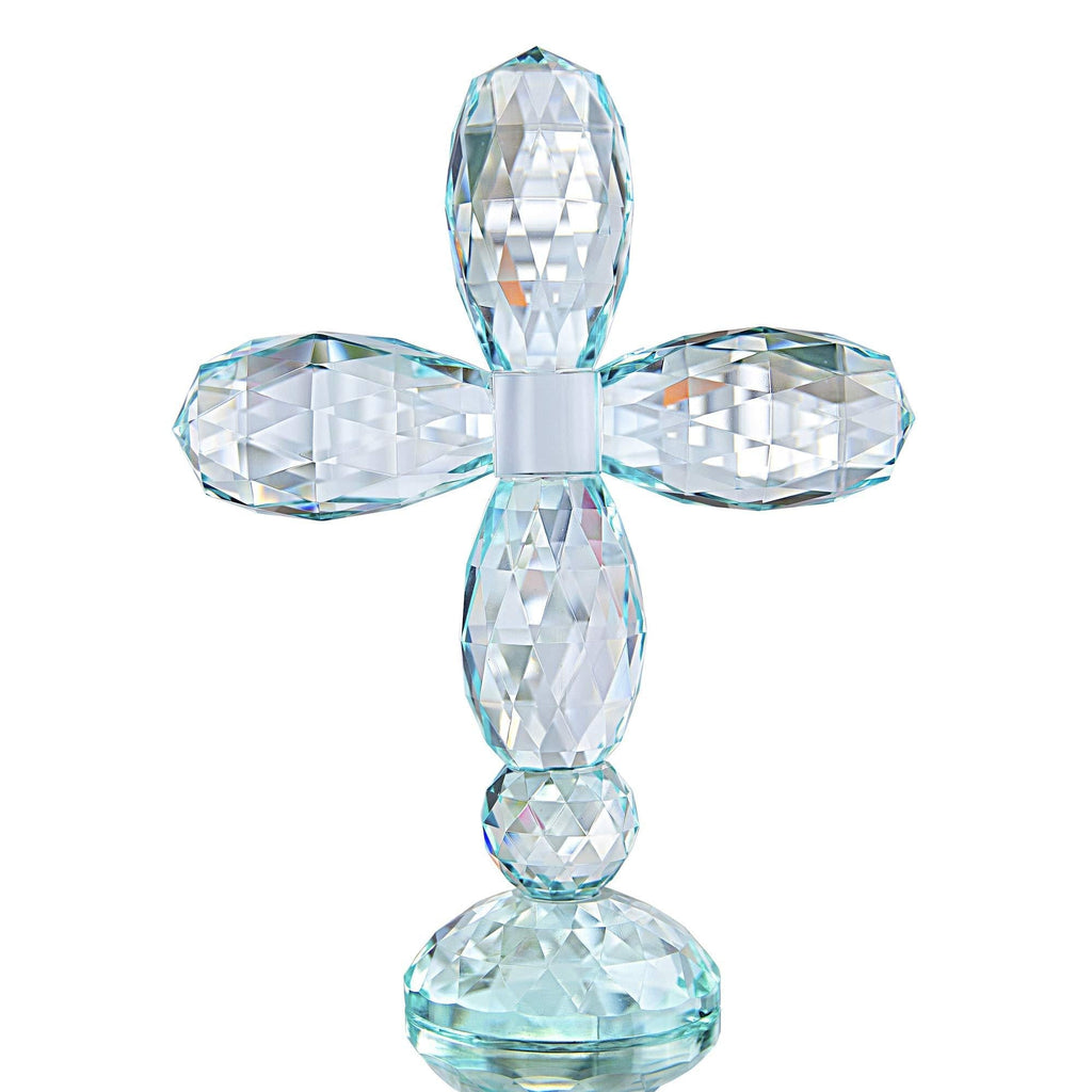  [AUSTRALIA] - QF Crystal Cross Standing Colorful Traditional Cross Figurine 5.5 x 7 inches Glass Craft Decor (Cyan-Blue) Cyan-blue