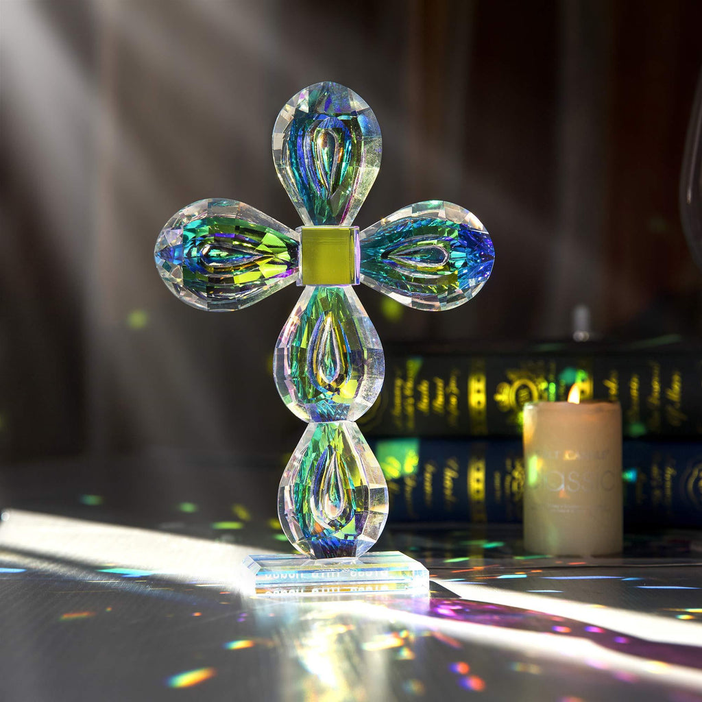  [AUSTRALIA] - QF Crystal Cross Standing Traditional Cross Figurine 8.5 x 5.9 inches Glass Craft (Colorful) Colorful-2