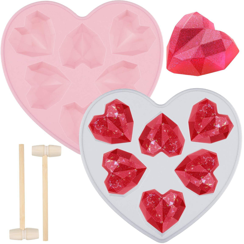  [AUSTRALIA] - 2 Pieces Diamond Heart Love Shape Silicone Valentine's Day Cake Mold Pink and Blue Silicone Cupcake Mold Oven Safe Chocolate Mousse Dessert Baking Pan with 2 Pieces Wooden Hammer Mallet Pounding Tool