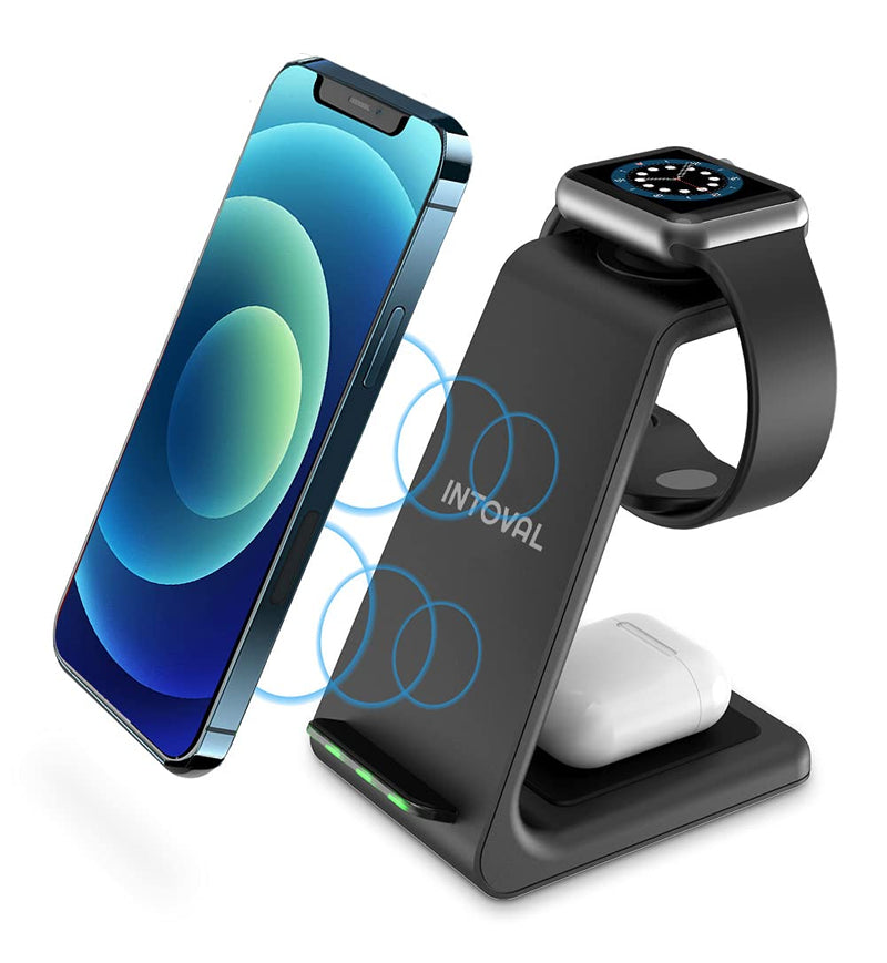  [AUSTRALIA] - Intoval Wireless Charging Station, 3 in 1 Charger for Apple iPhone/iWatch/Airpods,iPhone 13,12,11 (Pro, Pro Max)/XS/XR/XS/X/8(Plus),iWatch 7/6/SE/5/4/3/2,Airpods Pro/3gen (A3,Black) Black