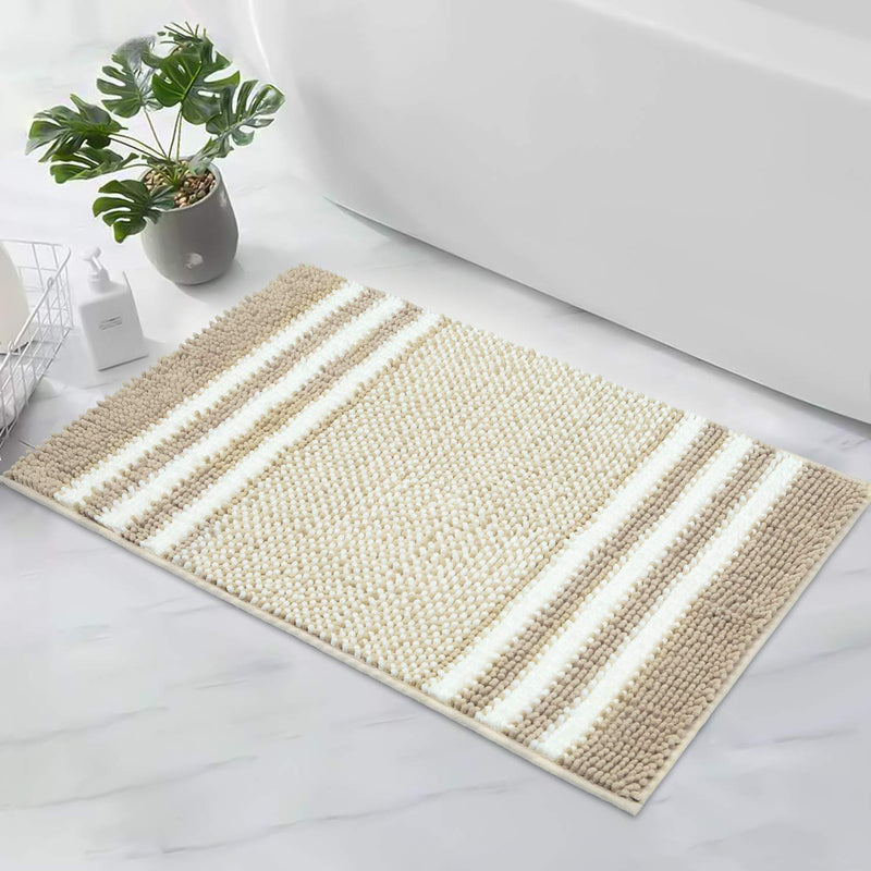  [AUSTRALIA] - WELTRXE Bathroom Rug Mat, 20x32 inch Non-Slip Chenille Shower Mat, Extra Soft and Absorbent Striped Shaggy Rugs, Machine Wash Dry, Perfect Plush Carpet Mats for Tub, Shower, Bath Room, Kitchen, Beige 32" x 20"