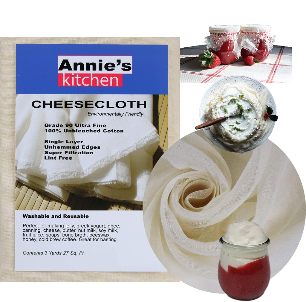  [AUSTRALIA] - Annie's Kitchen Cheesecloth, Grade 90, 27 Sq Feet, 100% Unbleached Cotton Fabric, Ultra Fine for Straining Cooking, Crafting, Cleaning, Arts and Crafts, Christmas and Holidays, Reusable (3 yards) 3 yards