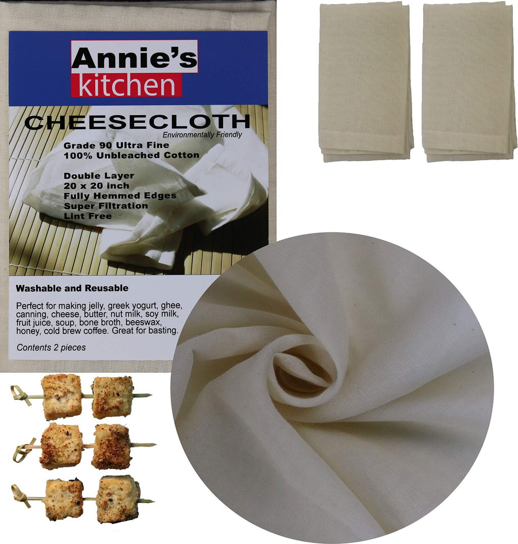  [AUSTRALIA] - Annie's Kitchen Cheesecloth, 20x20 Inch, Grade 90 100% Unbleached Pure Cotton Muslin Cloth for Straining, Ultra Fine Reusable Hemmed Edge Double layer Cheese Cloth Fabric for Jams, Cold Brew Coffee 2 Pieces