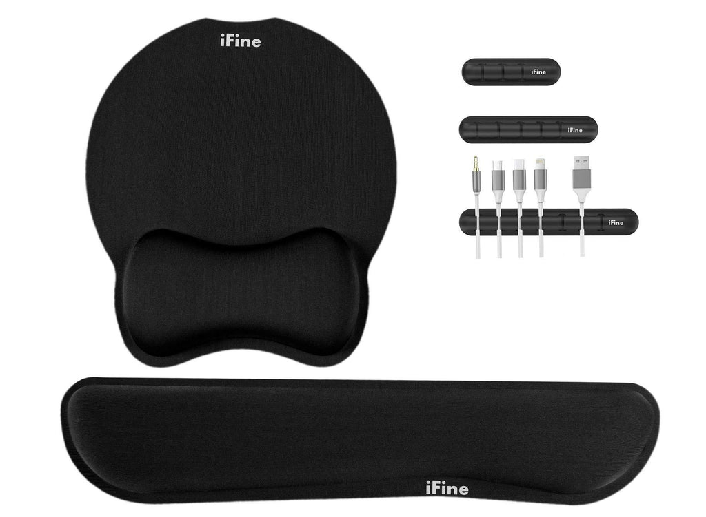 iFine Upgrade Enlarged Superfine Fiber Soft Smooth Memory Foam Ergonomic Mouse Pad & Keyboard Wrist Rest for Desktop Laptop Mac Gaming Office School or Home- Black with Free 3 Cable Organizers Black With Free Bundle - LeoForward Australia