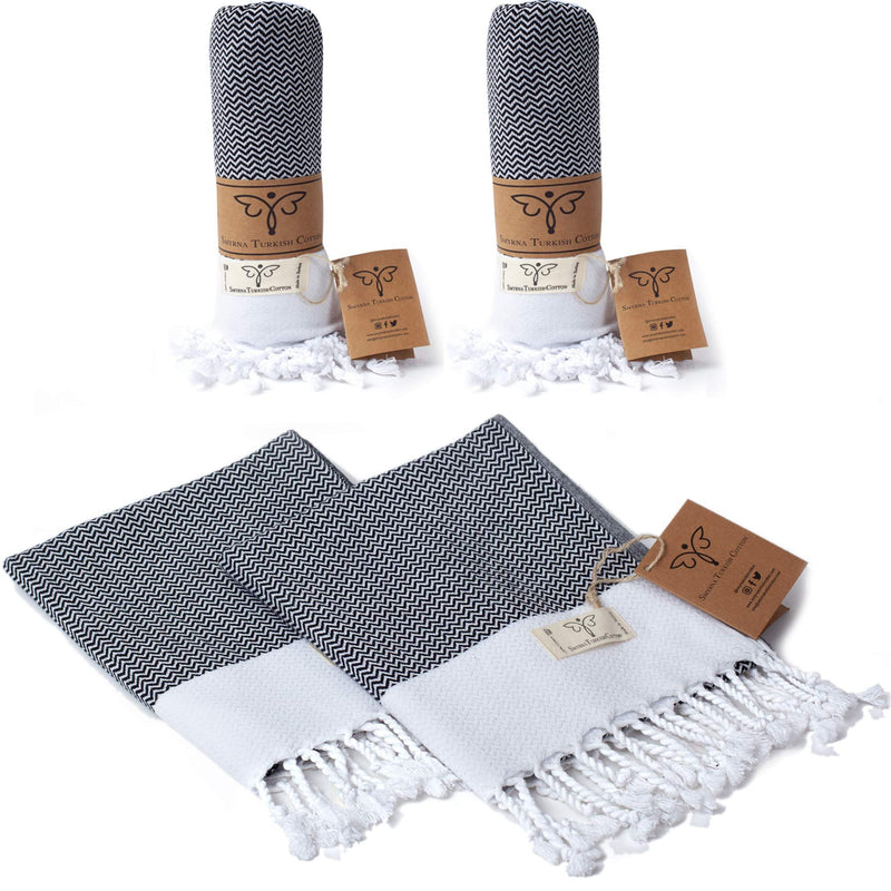  [AUSTRALIA] - Smyrna Original Turkish Hand Towels Orientina Series Set of 2 | 100% Cotton, 16 x 40 Inches | Decorative Bathroom Peshtemal Towel for Hand, Face, Hair, Gym, Yoga, Tea, Kitchen and Bath (Black) Black