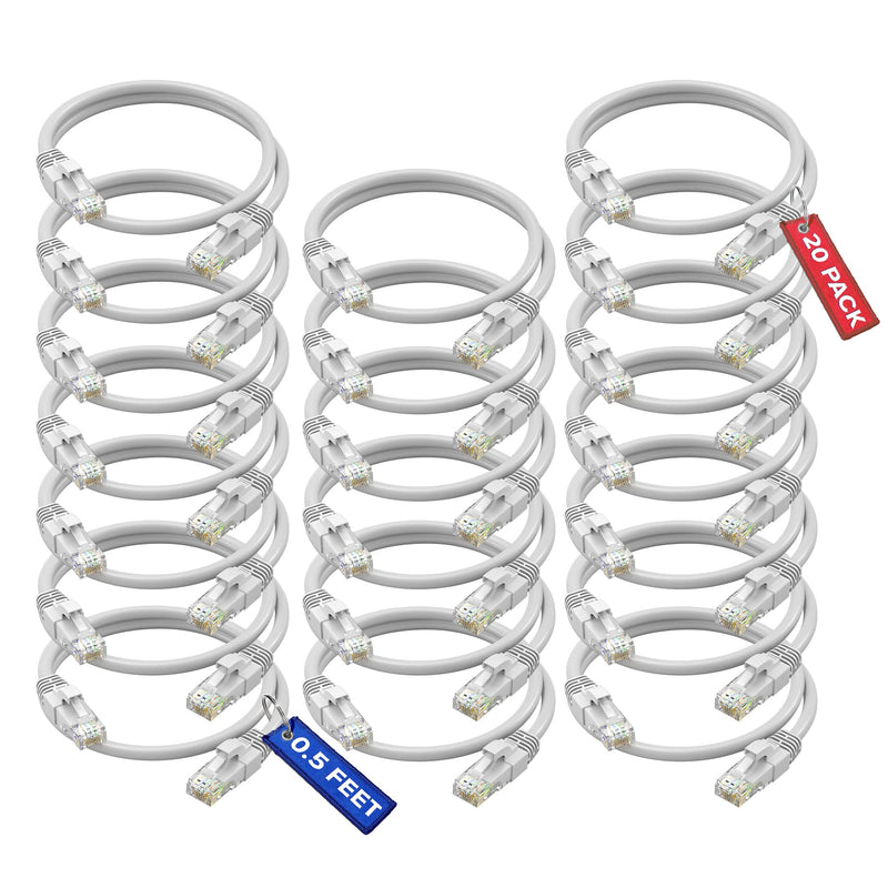  [AUSTRALIA] - Ethernet Cable 0.6 ft CAT6 High Speed Internet Network LAN Patch Cable Cord - 20 Pack (0.6 feet, White) 0.6 Feet