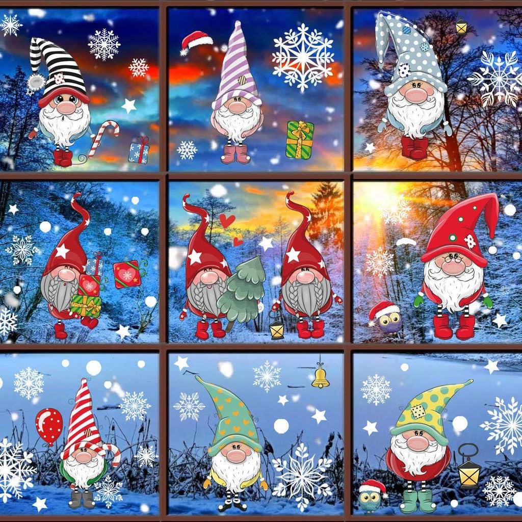  [AUSTRALIA] - DUILE 4 Large Sheet Christmas Window Clings Christmas Window Decorations Xmas Window Flakes Christmas Gnome Tomte Stickers Holiday Snowflake Santa Claus Decals for Shop/Home Party