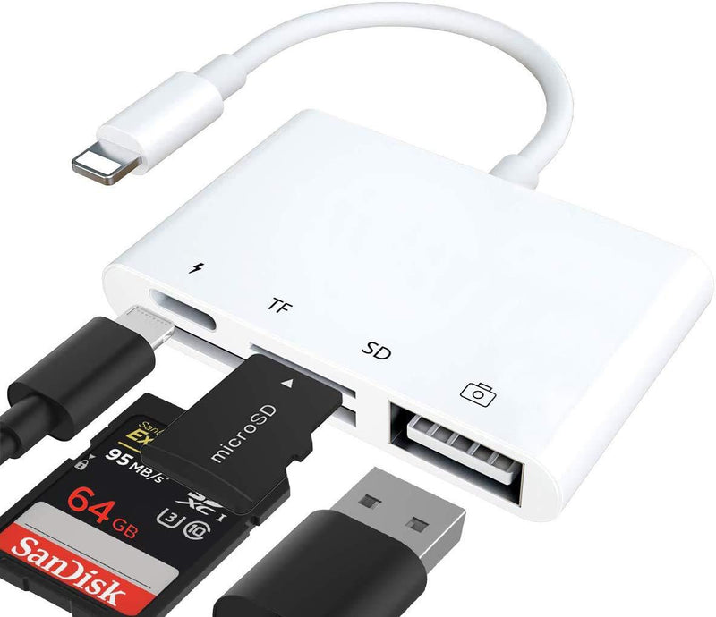 SD TF Card Reader Lightning Adapter, rosyclo Apple MFi Certified 4 in 1 USB OTG Camera Connection Kits Charge Cable for iPhone, Compatible with iPhone12/11/11Pro/X/iPad, Support iOS 9.2-14+(White) - LeoForward Australia