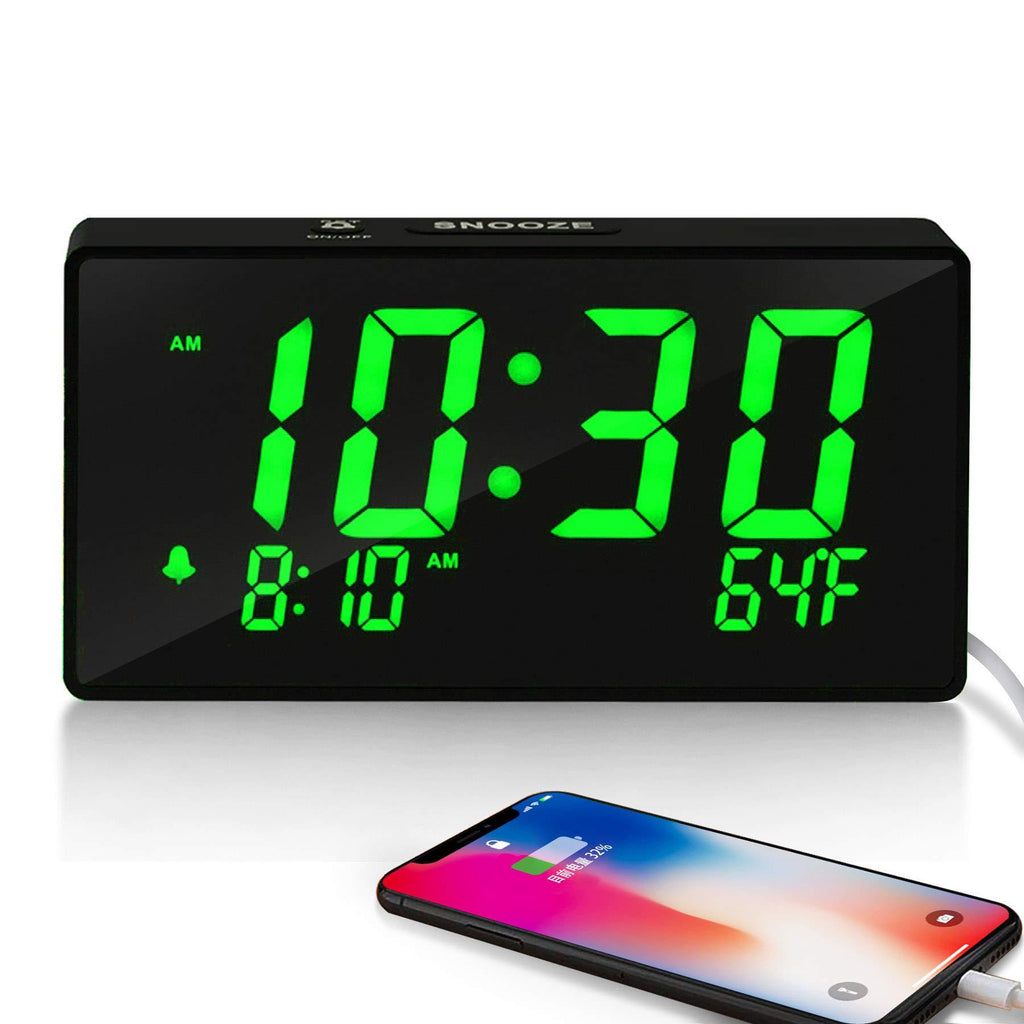 LED Digital Alarm Clock with USB Charger Port, Temperature, Snooze, Dimmable, Adjustable Alarm Volume, 12/24 Hour, Simple Operation Clocks for Bedroom and Living Room (Green LED) Green Led - LeoForward Australia