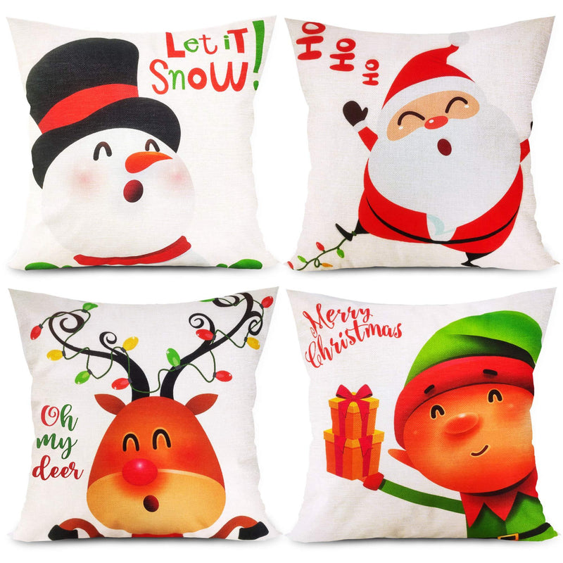 [AUSTRALIA] - Funnlot Cute Christmas Pillow Covers 18x18 Set of 4 Christmas Pillow Covers Colorful Christmas Pillow Covers Cartoon Cotton Linen Snowman Reindeer Santa Claus Elf Pillow Case for Sofa White