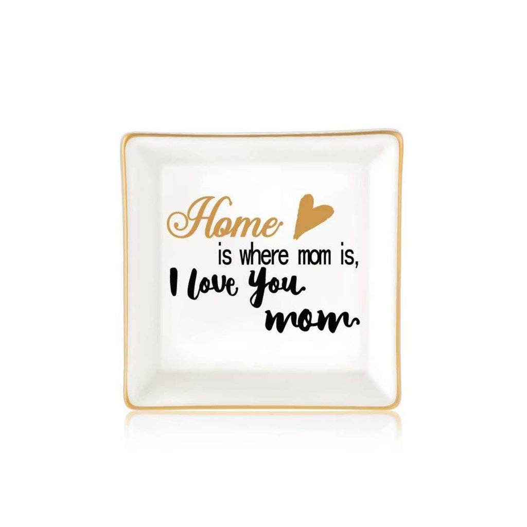  [AUSTRALIA] - Gifts for Women Girls, Ceramic Ring Dish Decorative Trinket Plate Initial Jewelry Tray Dish, Mothers Day Valentines Gifts for Her Grandma Mom Daughter Sister Friend Birthday Home is where mom is,I love you mom
