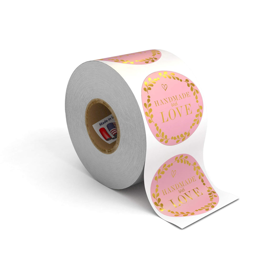 Kenco 1.5" Inch Handmade with Love Stickers, Made in The USA! for Envelopes, Boxes, Packaging and More - 500 Labels Per Roll (1 Pack 500 Stickers, Pink and Gold FOIL) 1 PACK 500 STICKERS - LeoForward Australia
