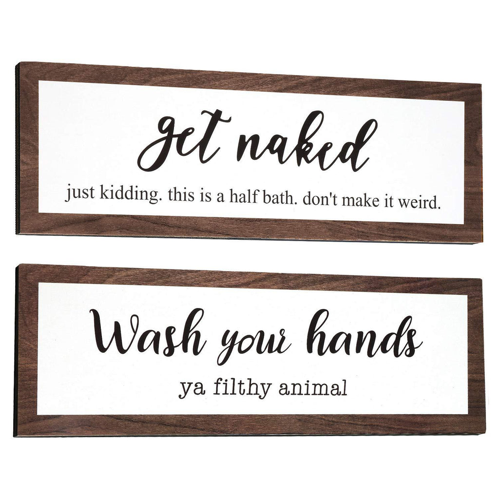  [AUSTRALIA] - Jetec 2 Piece Get Naked Funny Bathroom Sign Wash Your Hands Bathroom Sign Bathroom Wooden Signs Set Farmhouse Bathroom Signs Decorations with Funny Quotes for Home Bathroom Wall Decor, 4.7x13.8 Inch