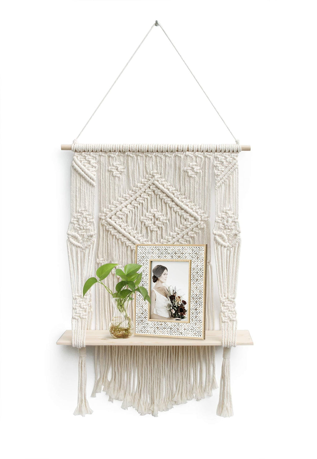  [AUSTRALIA] - Afuly Macrame Wall Hanging Shelf, Boho Floating Shelf, Handcraft Bohemian Decor, Cute 1 Tier Cotton Rope Shelf for Bathroom Bedroom Window
