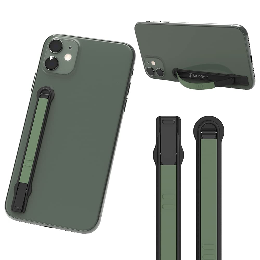 SleekStrip Stand & Grip - Ultra Thin Phone Strap Holder for Hand with 2-Angle Stand, Modern Design with Strong Hold Adhesive, Fits Most iPhone and Android Phone Cases, Wireless Chargers and Car Mounts Matte Black Base x Dark Olive Green Strip - LeoForward Australia